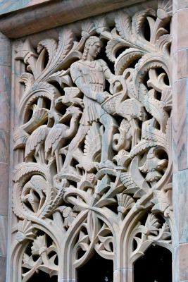 Close-up of Art Deco stone carving, flamingo feeder, Bok Tower, Florida.