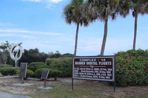 The understated monument at Launch Complex 14, where the Mercury Atlas flights took place, on Cape Canaveral Air Force Station.