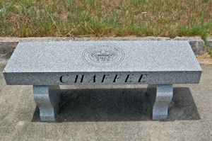 Reserved seating of polished granite for the crew of Apollo 1 at Launch Complex 34, Cape Canaveral Air Force Station.