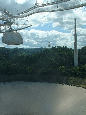 Crew of technicians, riding the gondola up into the suspended structure, on their way to work.